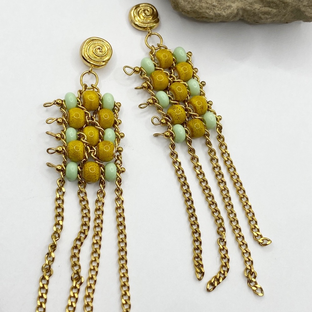 NEW Ceramic Beaded Gold Tassel Earrings